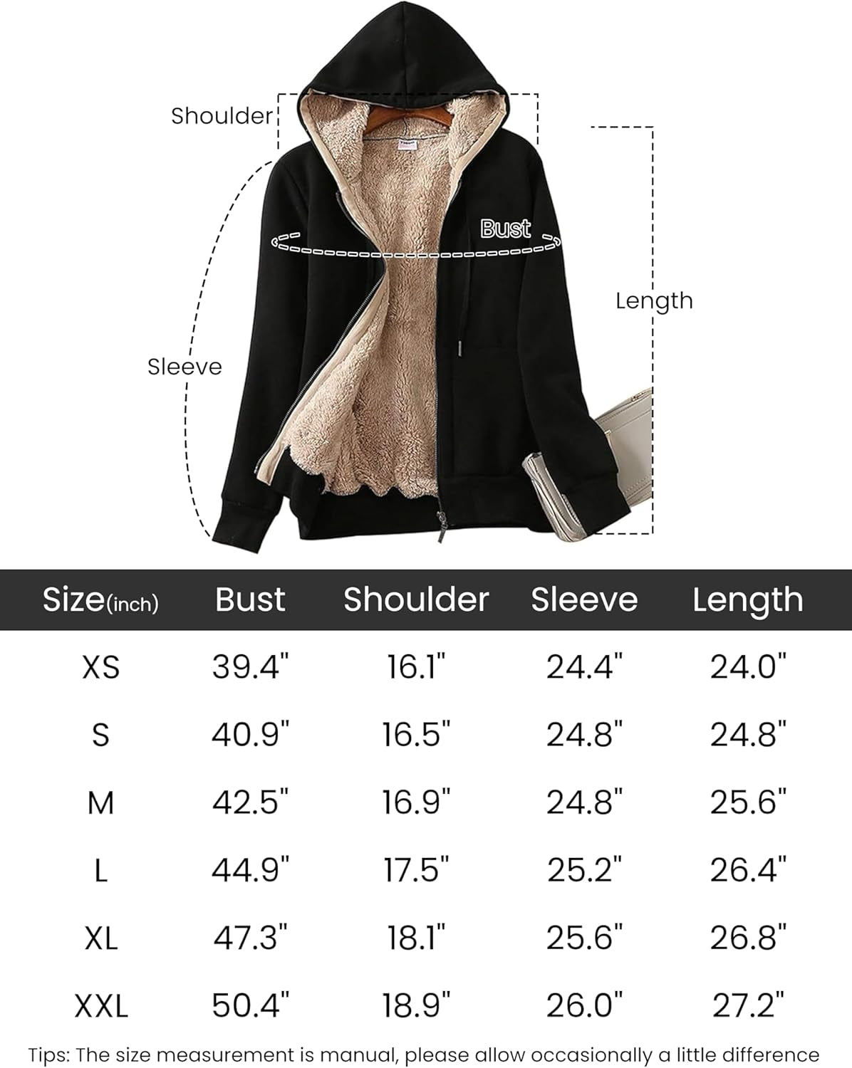 Women'S Casual Full Zip up Sherpa Lined Hoodie Sweatshirt Jacket Coat