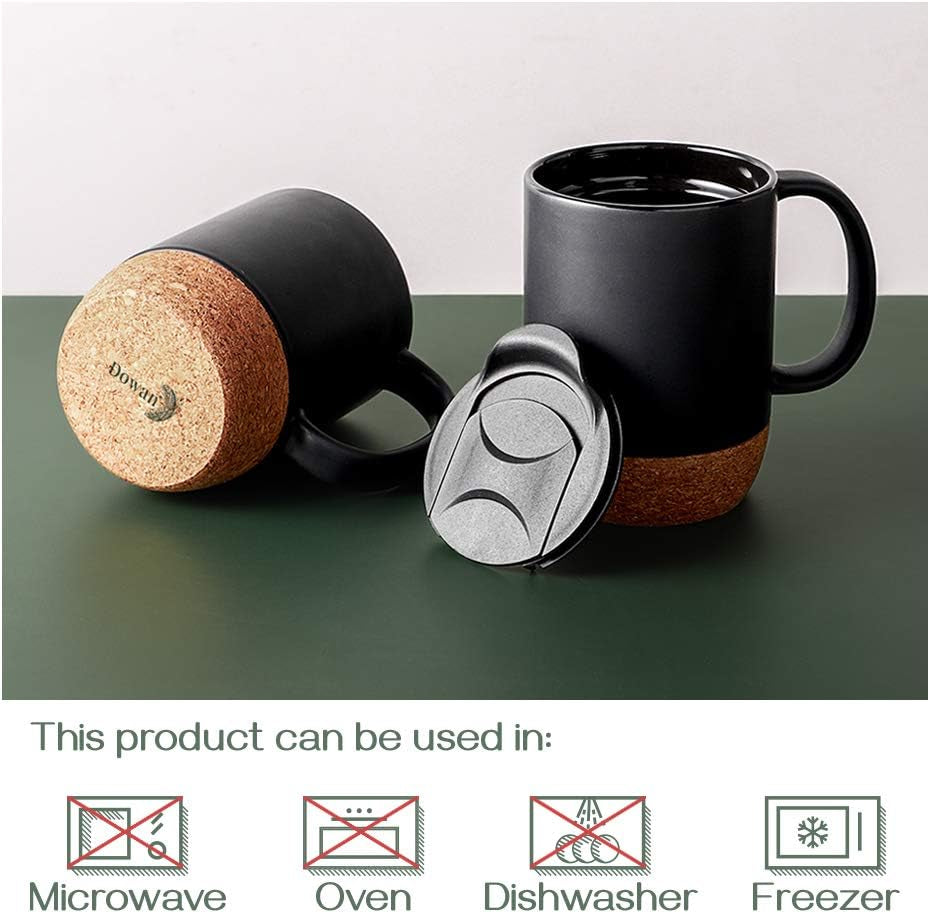 Coffee Mugs Set of 2, 15 OZ Coffee Mug with Cork Bottom and Splash Proof Lid, Ceramic Mug with Large Handle for Men, Women, Hot Chocolate Mugs, Mugs Set for Coffee Tea Latte, Matte Black