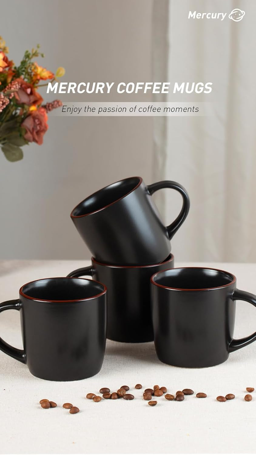 Mercury Coffee Mugs 13 Oz, Coffee Mugs Set of 4 with Handle, Cups for Latte, Hot Tea, Cappuccino, Mocha, Cocoa, Black