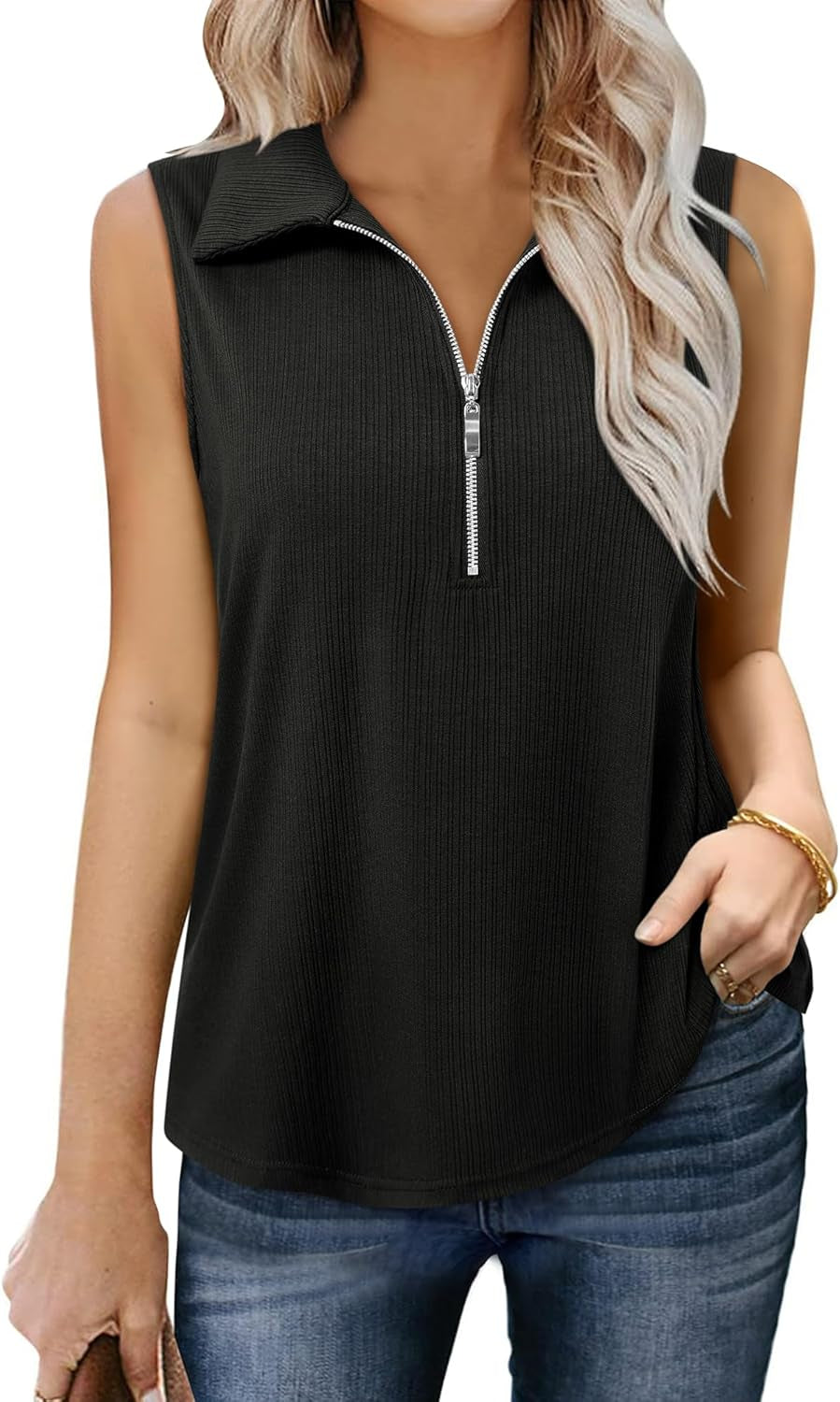 Womens Ribbed Tank Top Zipper V Neck Dressy Casual Blouses Sleeveless Camisole Tops Work Tank Polo Shirts