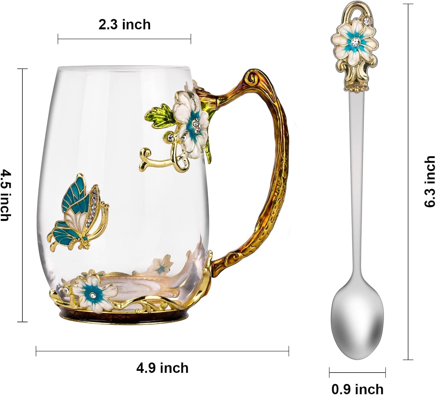 Birthday Gifts for Women Mom Glass Coffee Enamels Mug Best Mothers Day Butterfly Gifts for Her from Daughter Son Lead-Free Valentines Day Christmas Tea Cup with Spoon Sets