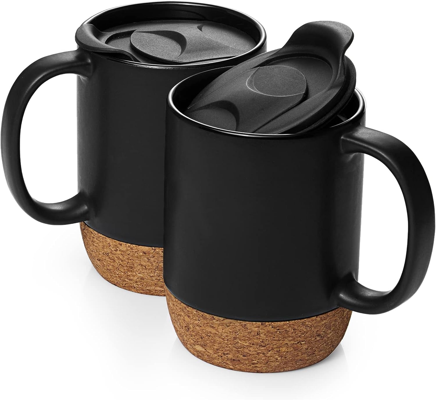 Coffee Mugs Set of 2, 15 OZ Coffee Mug with Cork Bottom and Splash Proof Lid, Ceramic Mug with Large Handle for Men, Women, Hot Chocolate Mugs, Mugs Set for Coffee Tea Latte, Matte Black