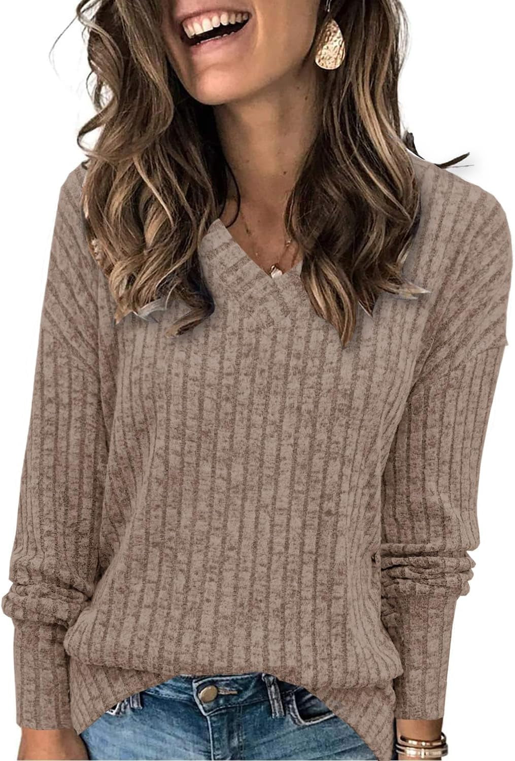 Womens Sweatshirts V Neck Long Sleeve Shirts Loose Casual Fall Fashion Sweaters S-2XL