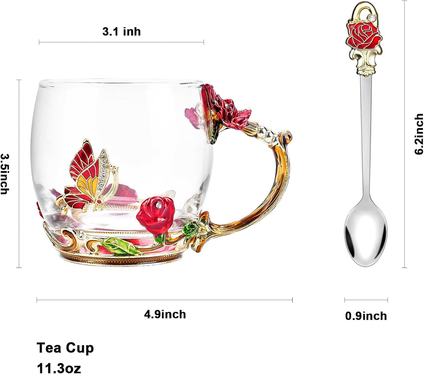 Gifts for Mom Women Mothers Day Glass Coffee Enamels Mug Best Birthday Butterfly Rose Gifts for Her from Daughter Son Lead-Free Valentines Day Christmas Red Tea Cup with Spoon Set