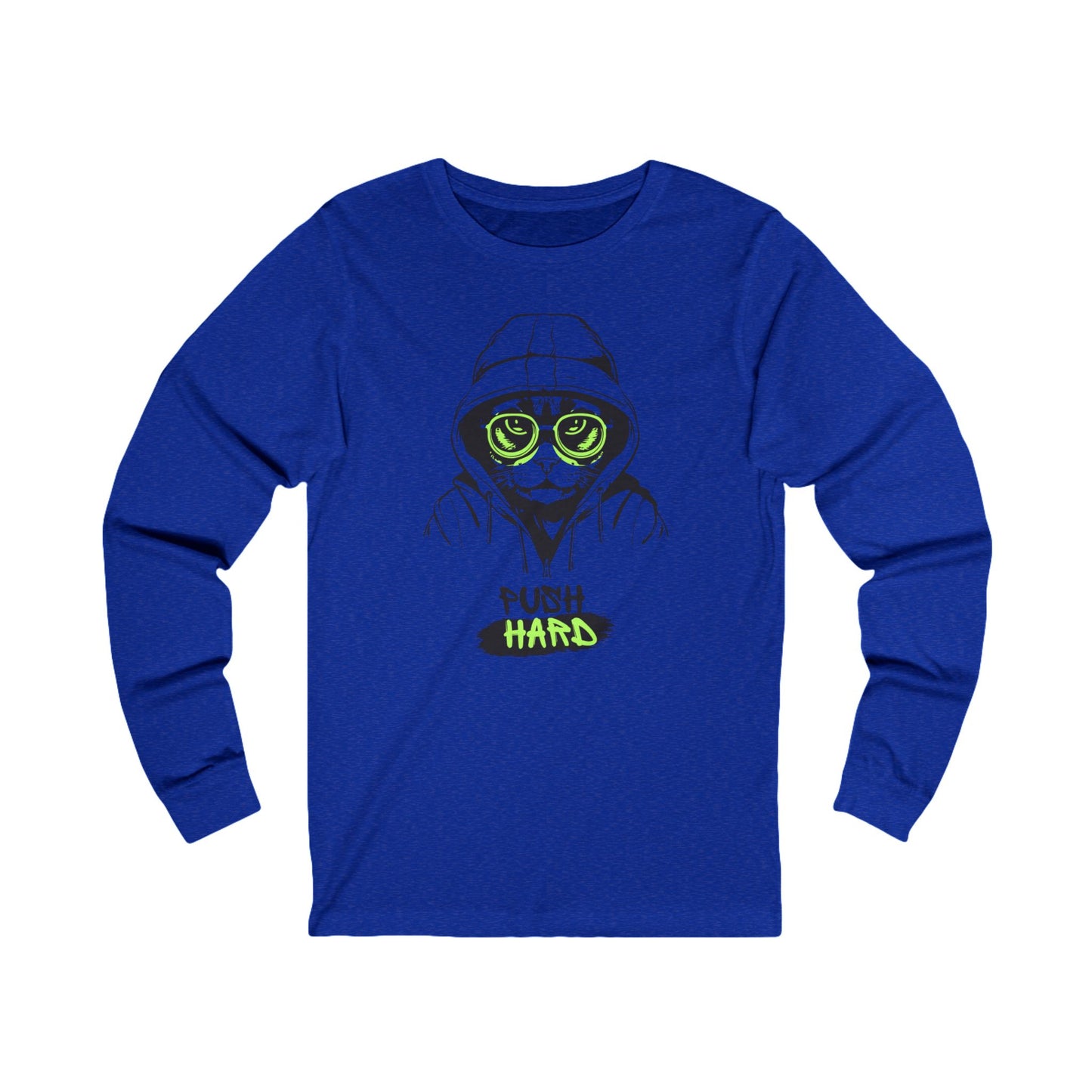 Green-Eyed Cat Graphic and ‘Push Hard’ Slogan Men’s Long Sleeve Tee- Casual Wear