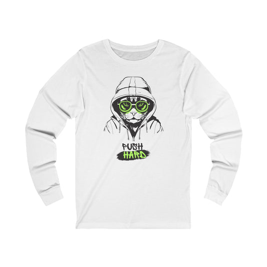 Green-Eyed Cat Graphic and ‘Push Hard’ Slogan Men’s Long Sleeve Tee- Casual Wear