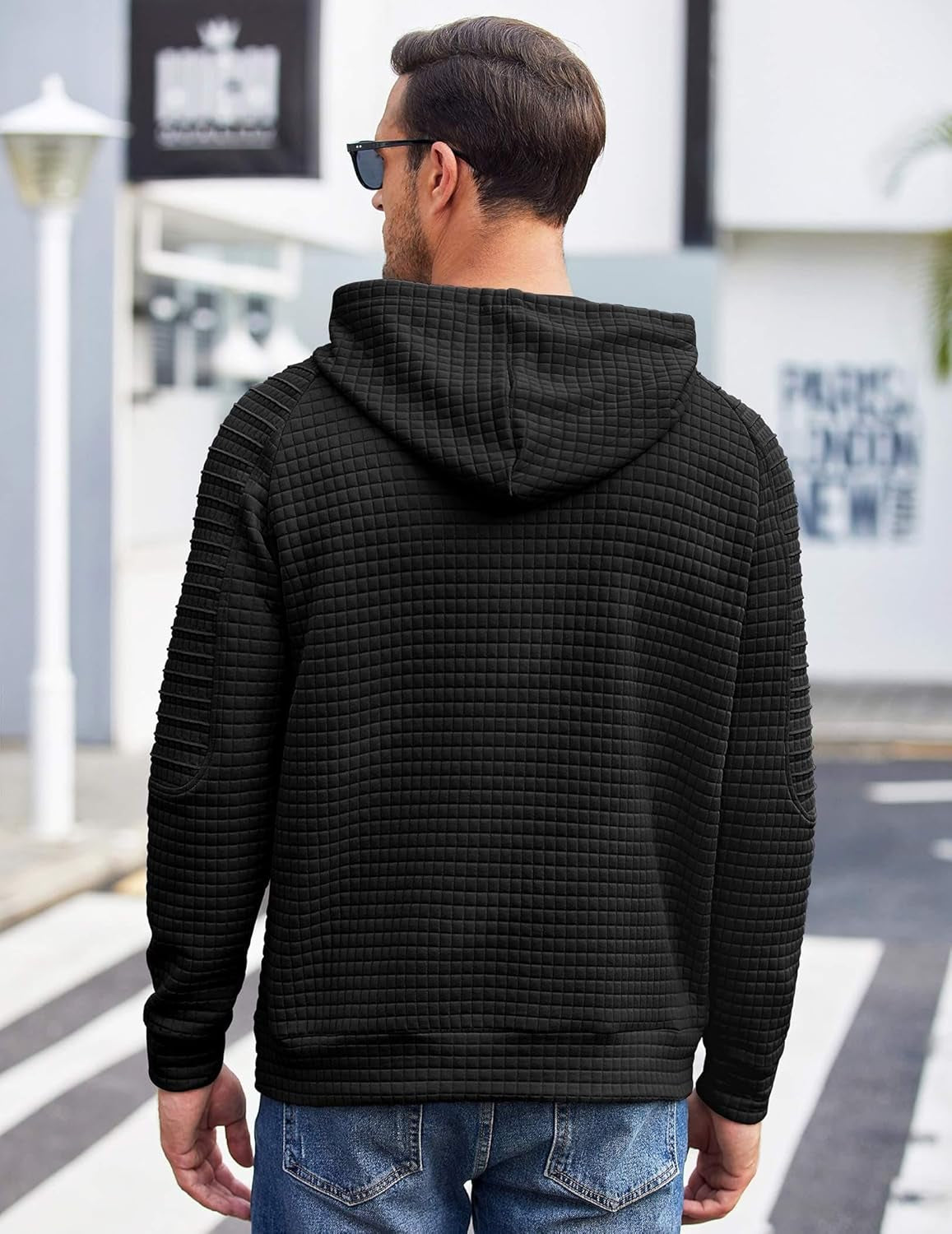 Mens Hoodies Pullover Casaul Long Sleeve Drawstring Waffle Knit Hooded Sweatshirt with Kanga Pocket