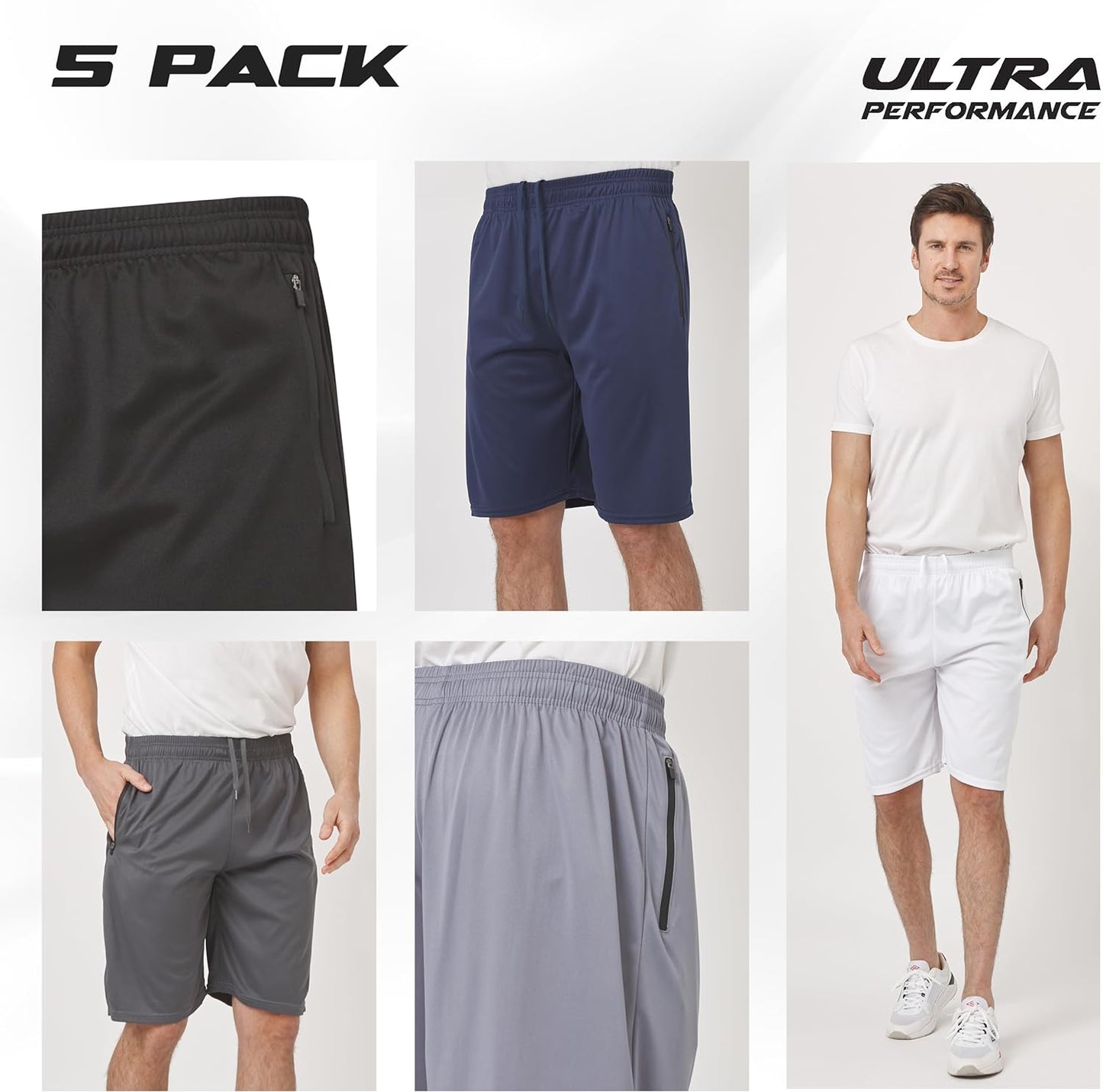 Mens 5 Pack Athletic Running Shorts, Basketball Gym Workout Shorts for Men with Zippered Pockets