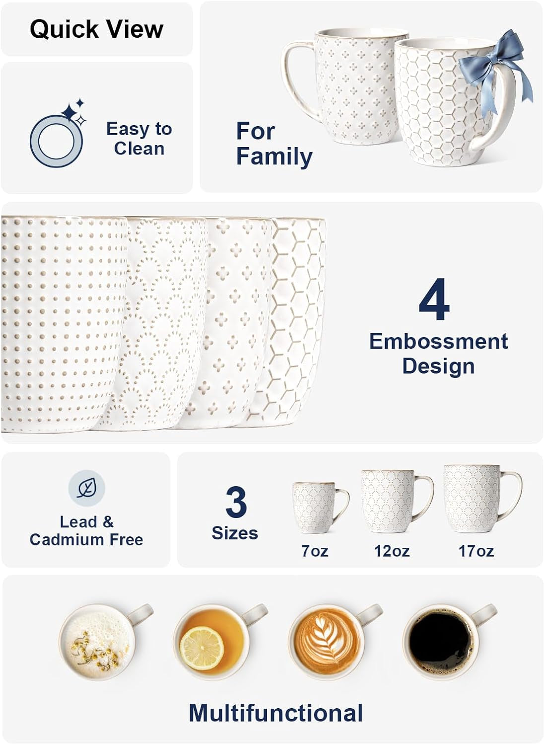 Coffee Mugs 16 Oz,Ceramic Mug Set, Embossment Cups for Latte, Hot Tea, Cappuccino, Mocha, Cocoa, Dishwasher Safe, Suit for Housewarming Wedding- 3.8 Inch, Set of 4, Arctic White