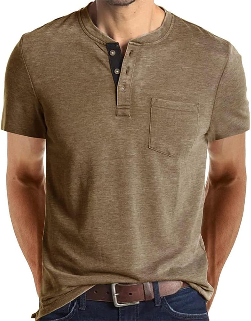 Mens Casual Short Sleeve Henley Shirts Fashion Button T Shirts with Pocket