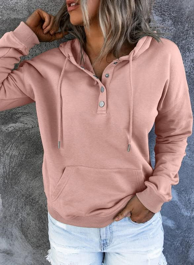 Womens 2024 Hoodies Button Collar Drawstring Hooded Pullover Sweatshirt Casual Long Sleeve Tops Shirts