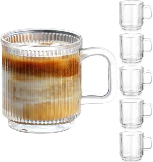 6 PACK Premium Glass Coffee Mugs with Handle, 12 OZ Classic Vertical Stripes Glass Coffee Cups, Transparent Tea Cup for Hot/Cold Beverages, Glassware Set for Americano, Latte, Cappuccino