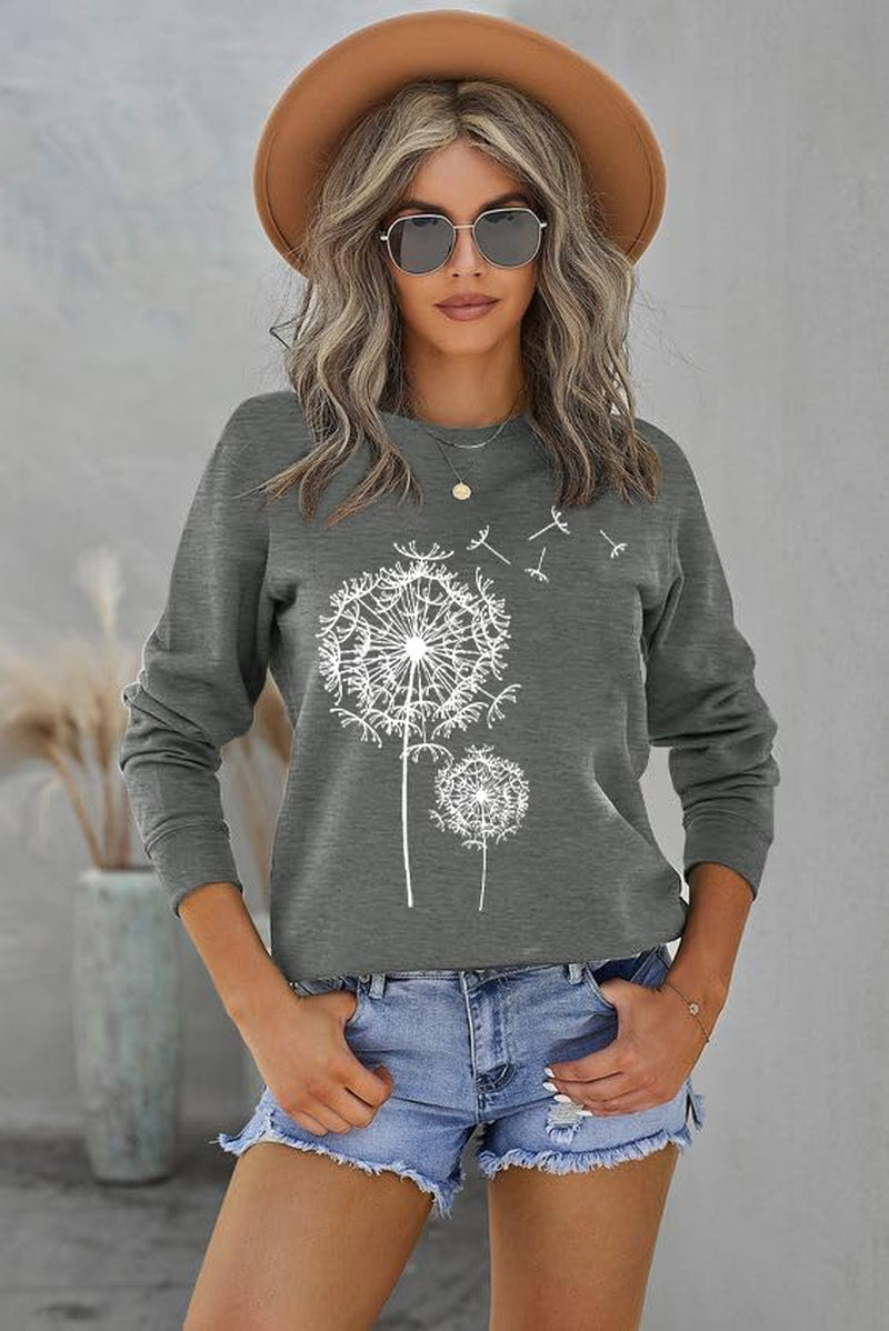 Womens Dandelion Sweatshirt Casual Crewneck Loose Pullover Tops Long Sleeve Graphic Tee Shirt Blue