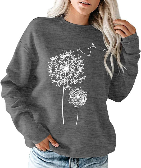 Womens Dandelion Sweatshirt Casual Crewneck Loose Pullover Tops Long Sleeve Graphic Tee Shirt Blue