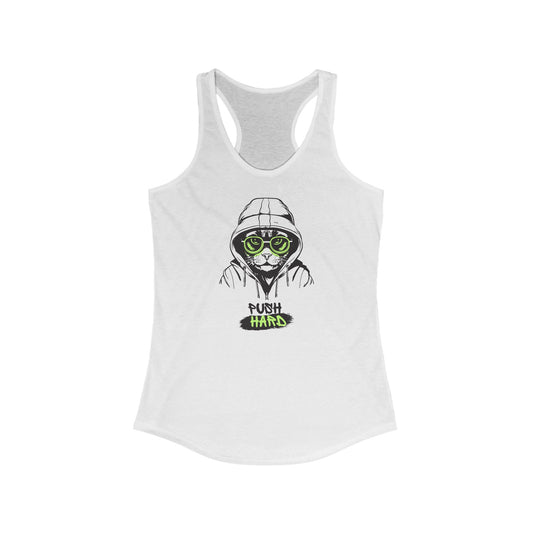 Green-Eyed Cat Graphic and ‘Push Hard’ Slogan Tank Top - Motivational Fitness Wear