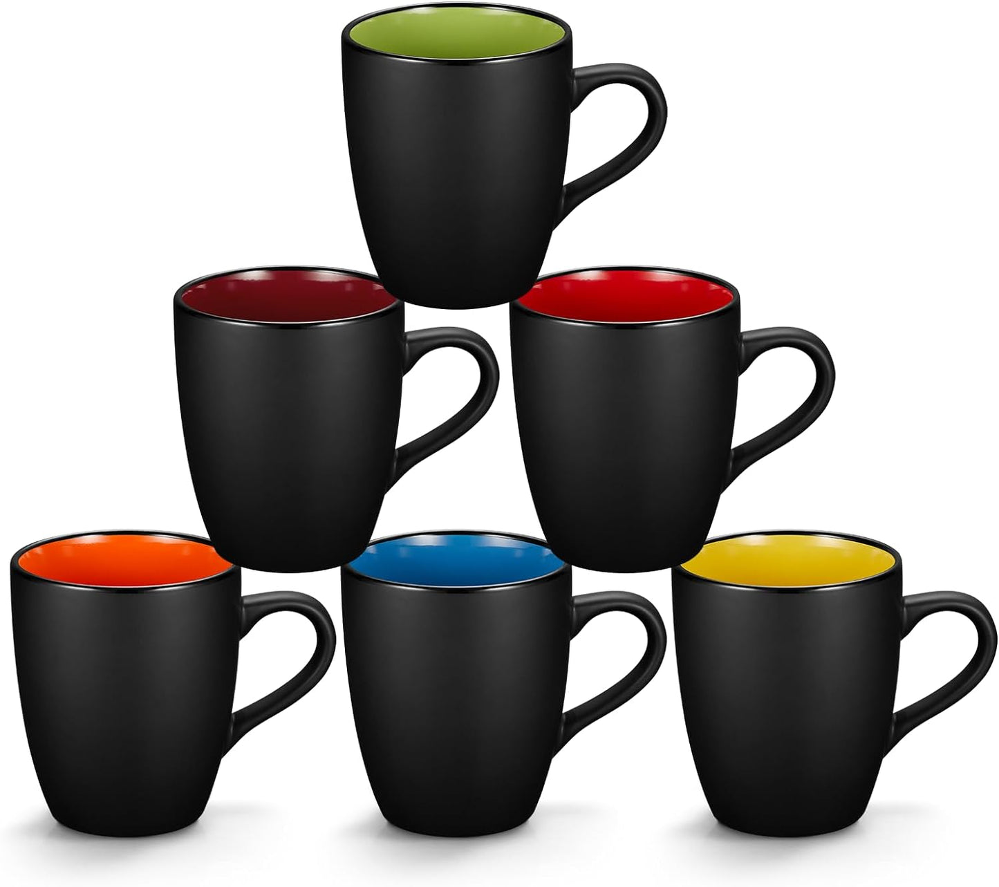 6 Pack Porcelain Coffee Mugs Set, 12 Ounces Ceramic Coffee Mugs, Matte Black Coffee Mug, Restaurant Coffee Cups for Coffee, Tea, Cappuccino, Cocoa, Cereal, Black outside and Colorful Inside