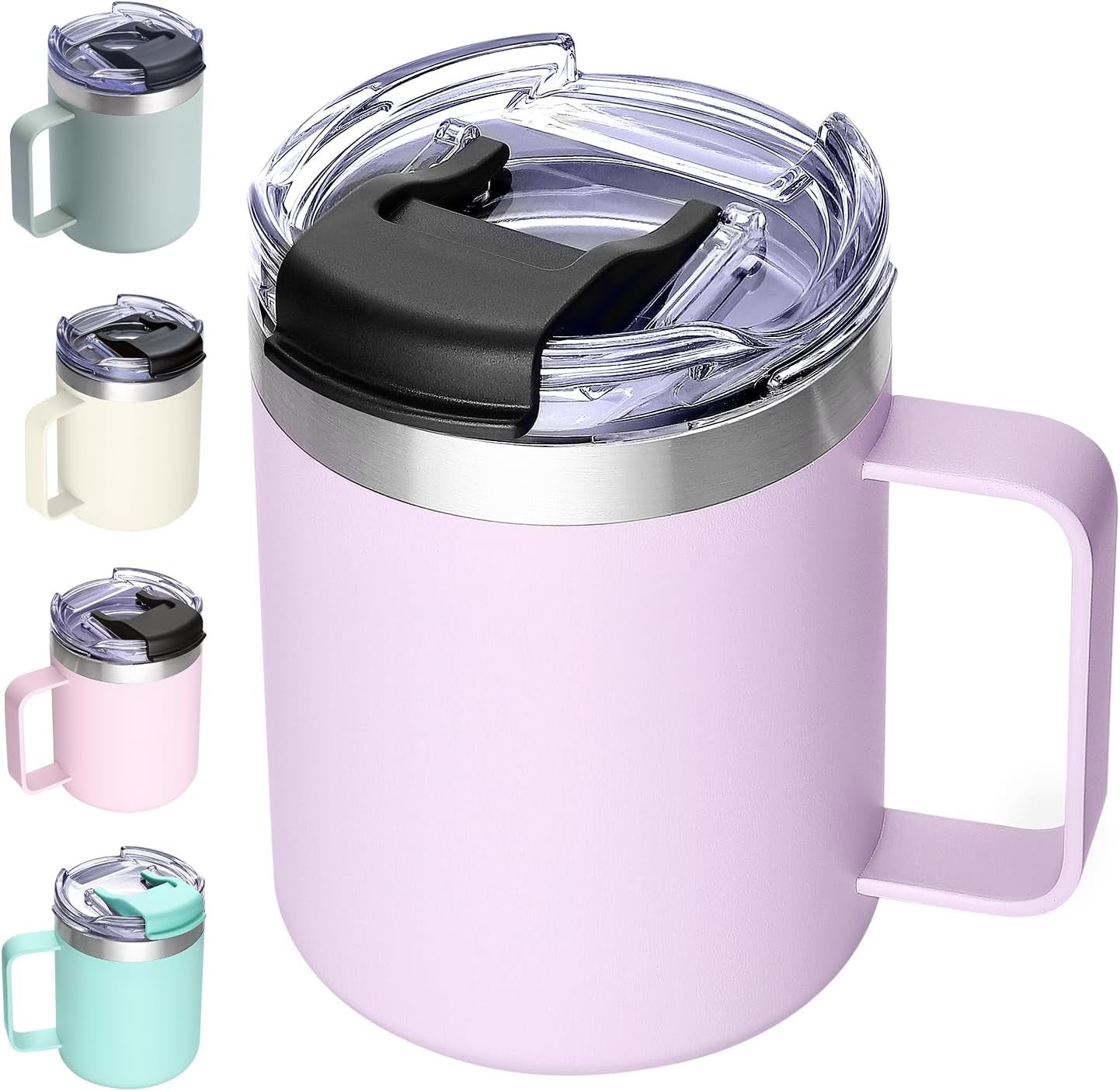 12Oz Insulated Coffee Mug Cup with Handle, Stainless Steel Travel Coffee Mug with Flip Lid, Double Wall Vacuum Coffee Tumbler,Lavender