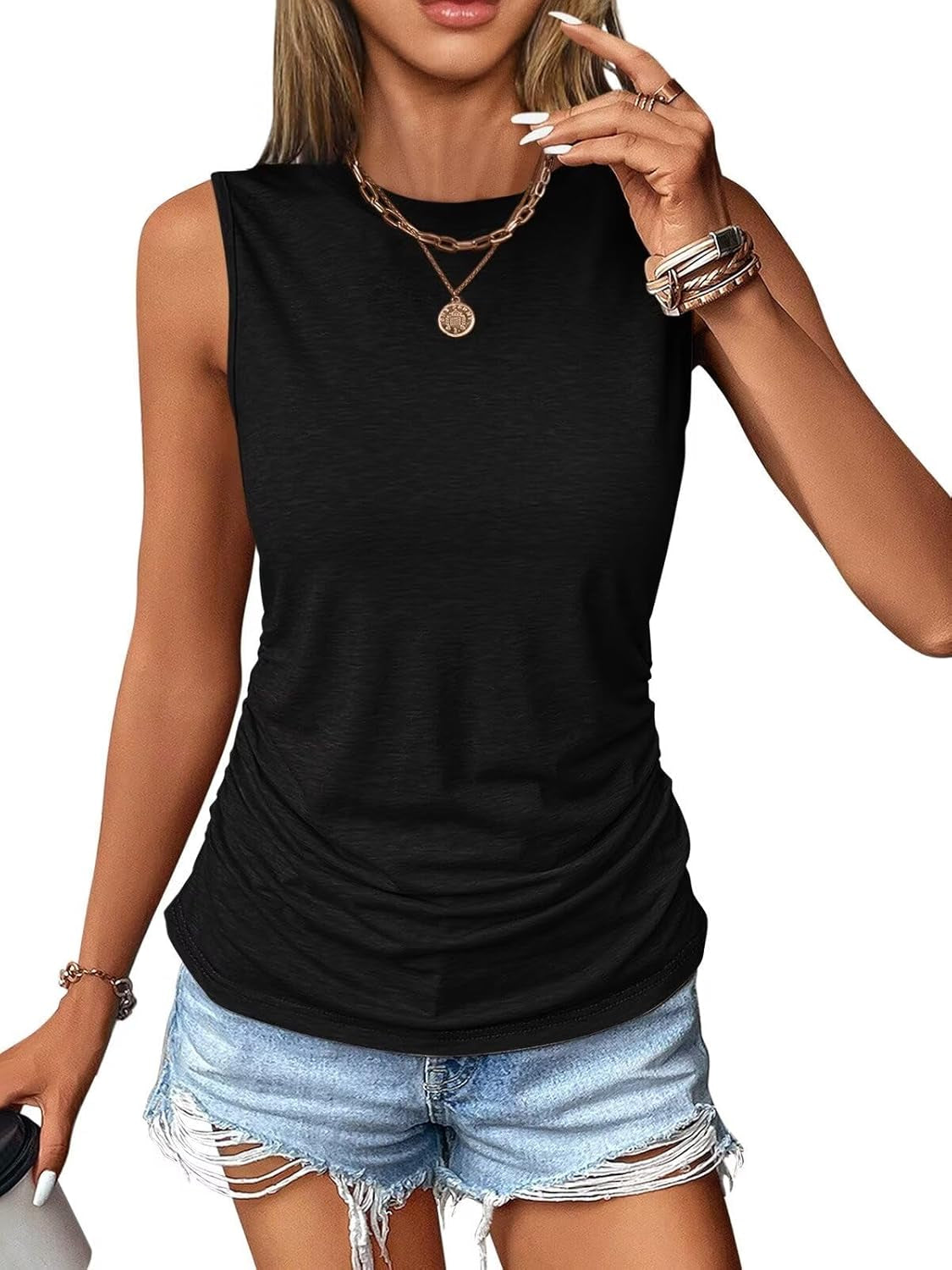 Womens Ruched Tank Tops Crewneck Sleeveless Tops Dressy Casual Spring Summer Tops for Women 2024