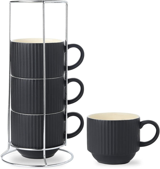 Coffee Mug Ceramic Set of 4 with Stand - 15 Oz Stackable Large Porcelain Ribbed Latte Cup Set for Cappuccino, Tea, Hot Cocoa, Drinks - Dishwasher & Microwave Safe, Black