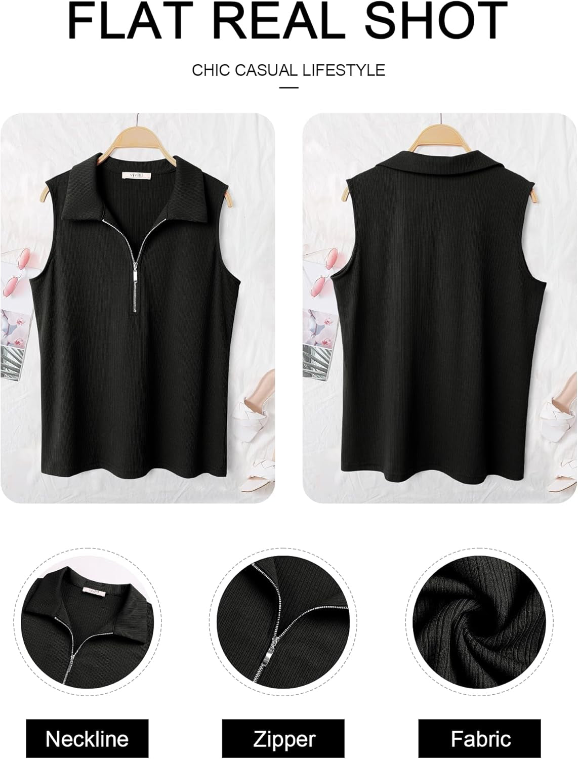 Womens Ribbed Tank Top Zipper V Neck Dressy Casual Blouses Sleeveless Camisole Tops Work Tank Polo Shirts