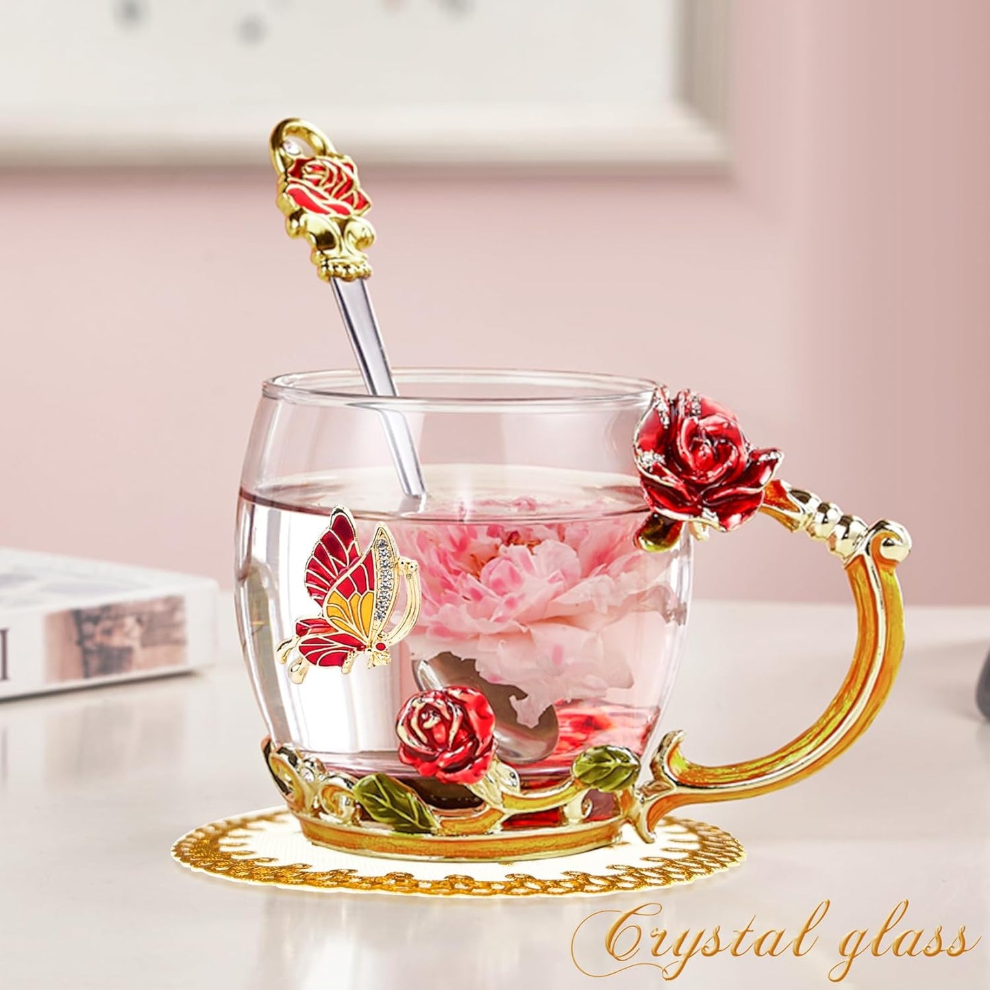 Gifts for Mom Women Mothers Day Glass Coffee Enamels Mug Best Birthday Butterfly Rose Gifts for Her from Daughter Son Lead-Free Valentines Day Christmas Red Tea Cup with Spoon Set