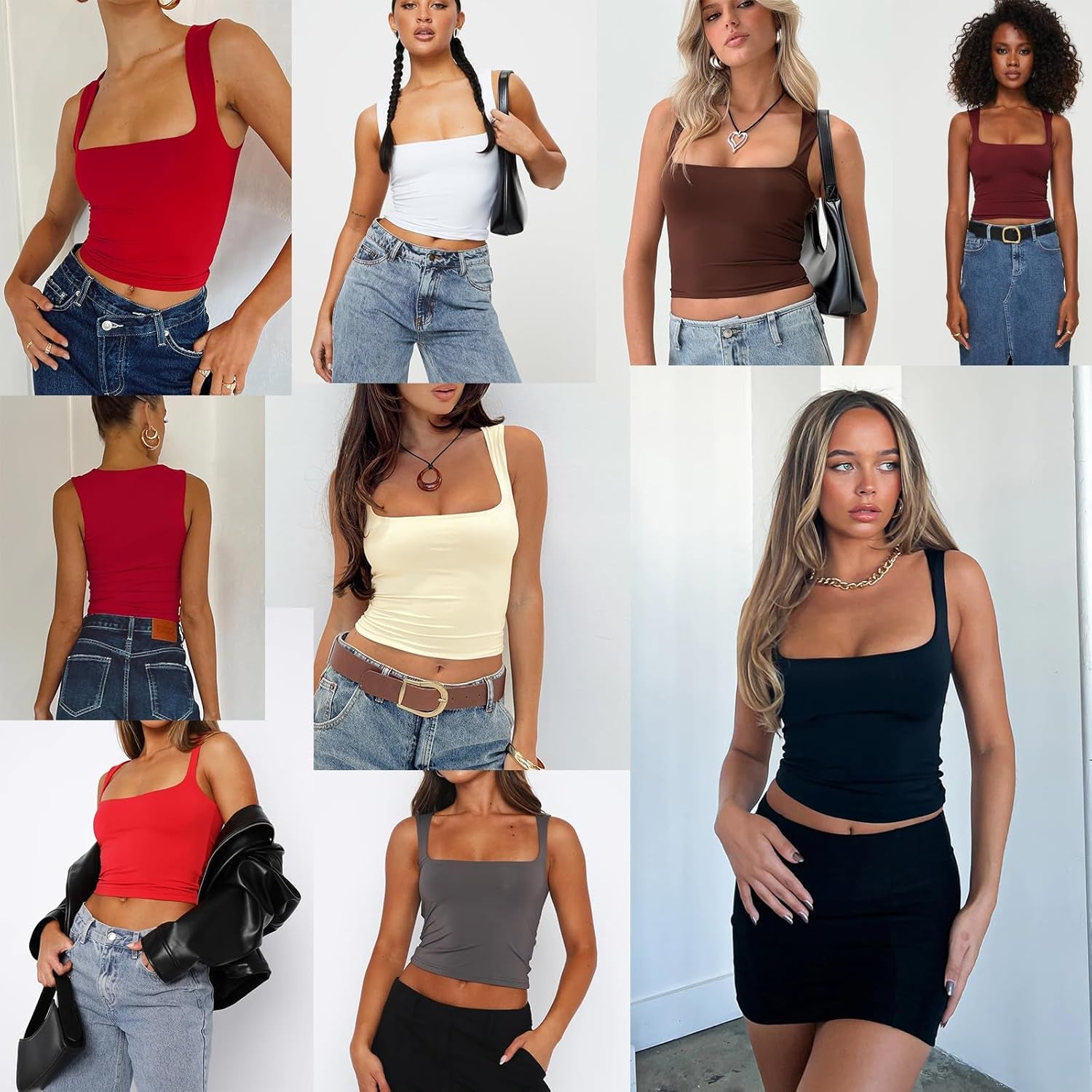 Womens Sexy Crop Top Summer 2024 Square Neck Sleeveless Double Layer Going Out Tank Tops