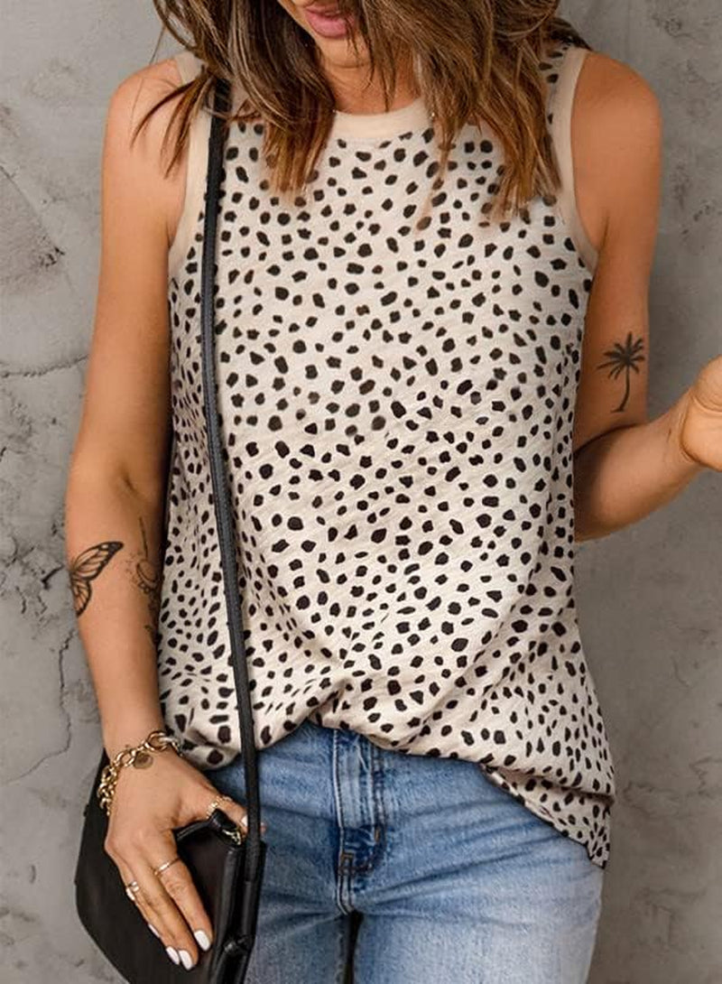 Womens Leopard Print Tank Tops Crewneck Sleeveless Summer Casual T-Shirts Blouses