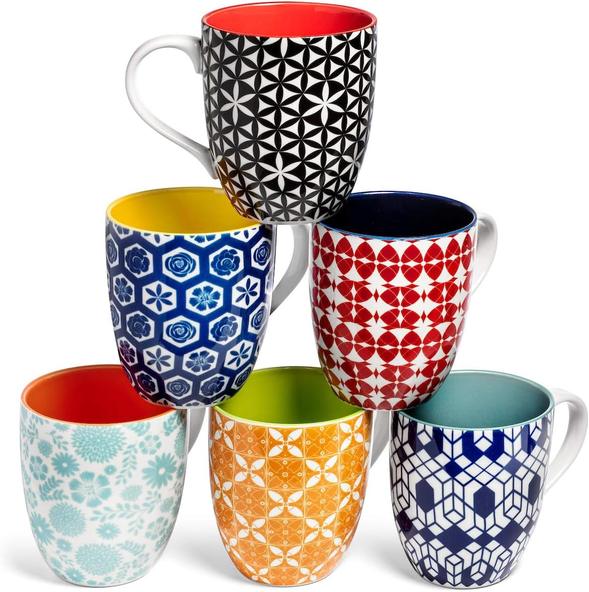 Coffee Mugs | Colorful Porcelain Cups for Latte, Cappuccino, Tea, Cocoa, Mocha | Large 16 Oz Capacity | Comfortable Handle Keeps Fingers Away from Hot Glass | Set of 6