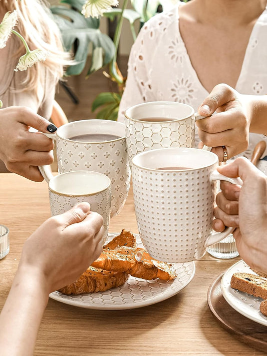 Coffee Mugs 16 Oz,Ceramic Mug Set, Embossment Cups for Latte, Hot Tea, Cappuccino, Mocha, Cocoa, Dishwasher Safe, Suit for Housewarming Wedding- 3.8 Inch, Set of 4, Arctic White