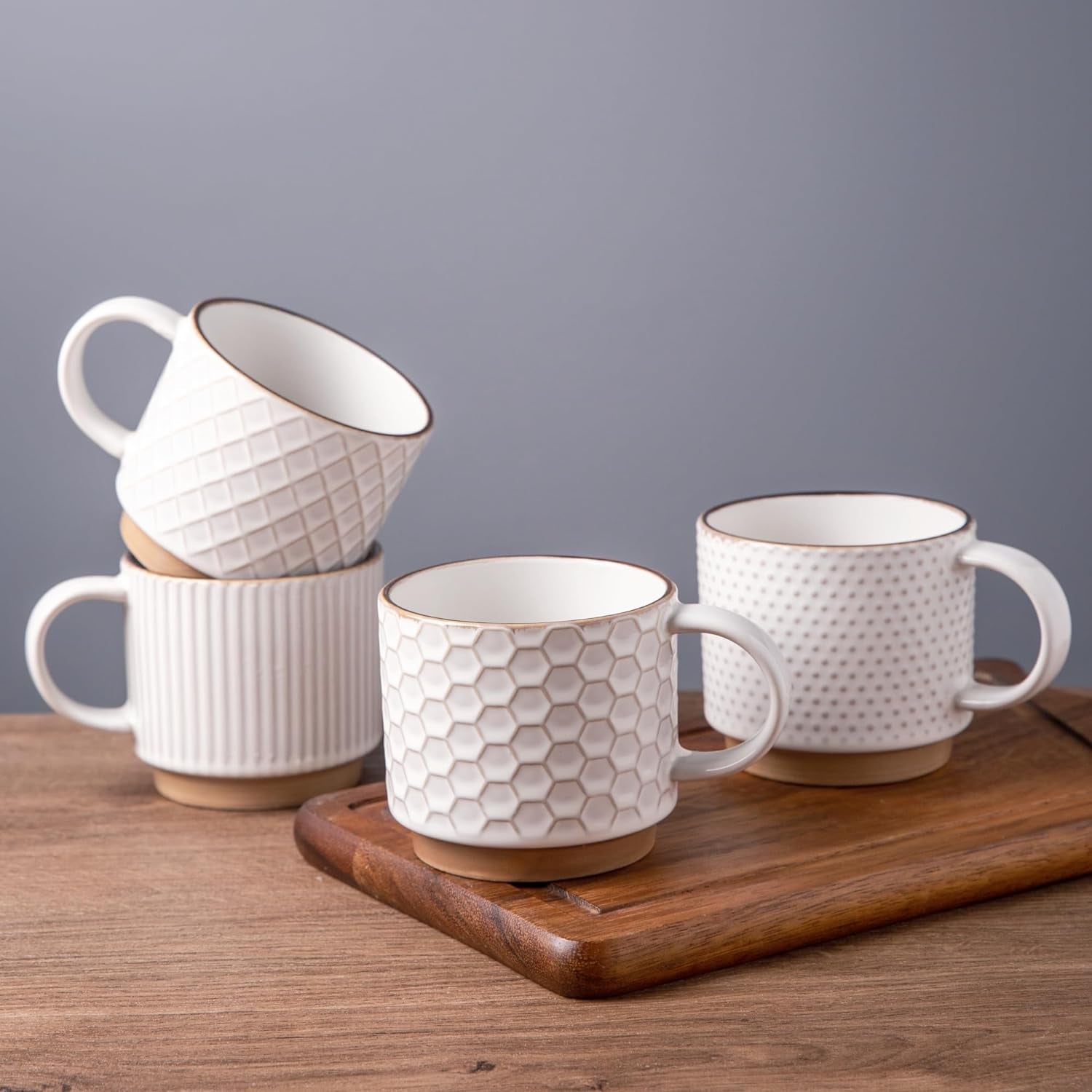 12OZ Stackable Coffee Mugs, Ceramic Coffee Mugs with Texture Patterns for Man,Woman,Dad,Mom, Modern Coffee Mugs Set of 4 for Latte/Cappuccino/Cocoa. Dishwasher&Microwave Safe, off White