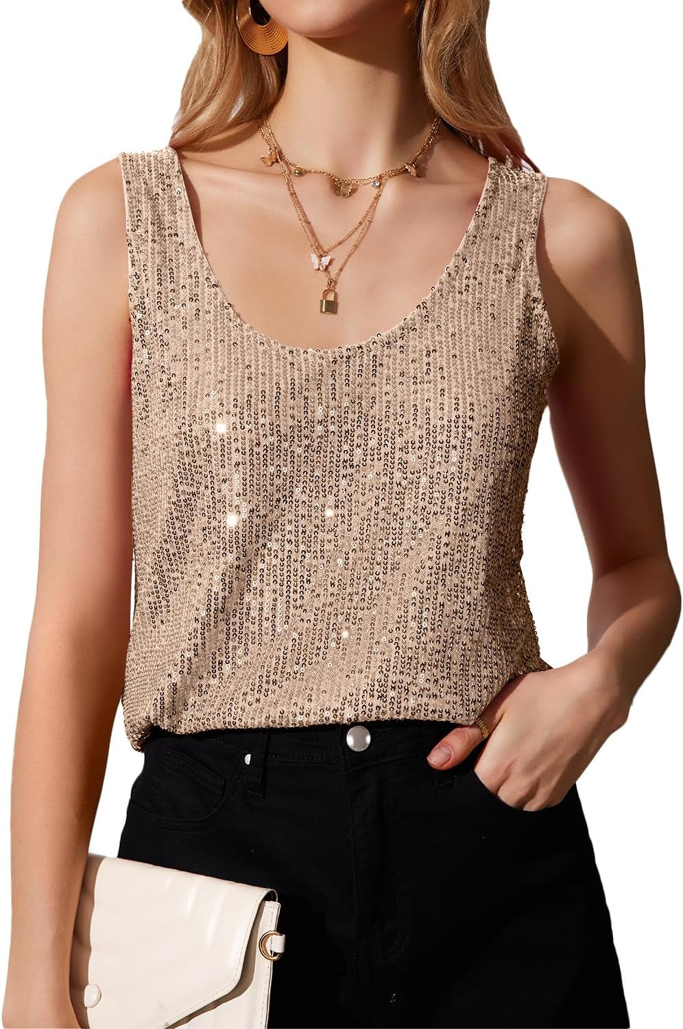 Womens Summer Fashion Sequin Tops Scoop Neck Sequin Sparkle Shimmer Sleeveless Tanks Tops Blouses