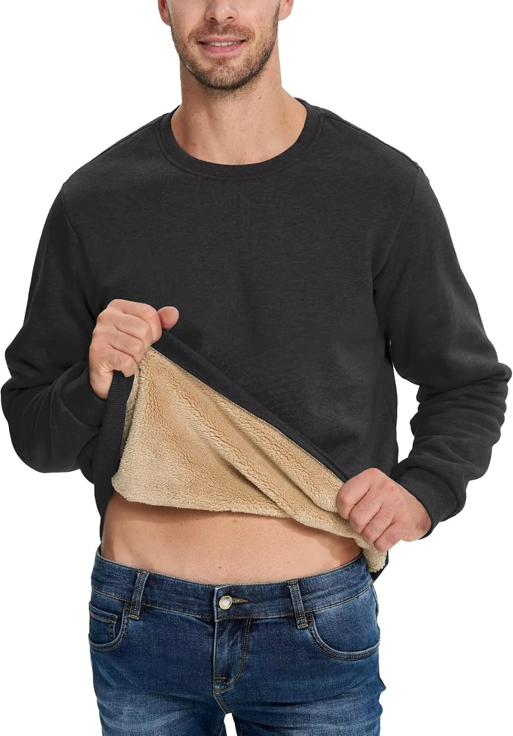 Men'S Full Sherpa Lined Crewneck Sweatshirts Premium Heavy-Weight Fleece Pullover Thick Thermal Cotton Sweat-Shirts