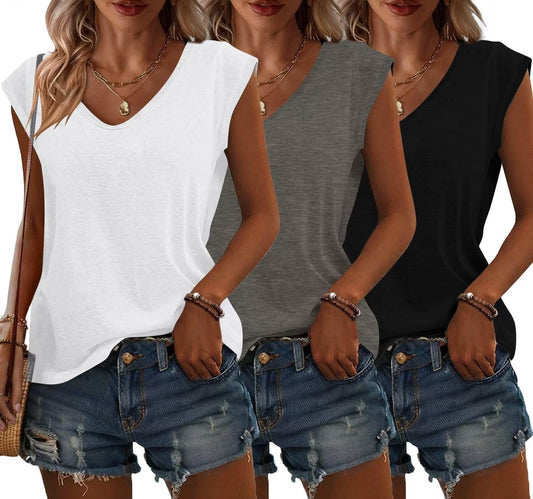 3 Pack Women'S Cap Sleeve Tank Tops U Neck Spring Summer Tops Casual Loose Fit Basic Tee Shirts 2024 Fashion Clothes