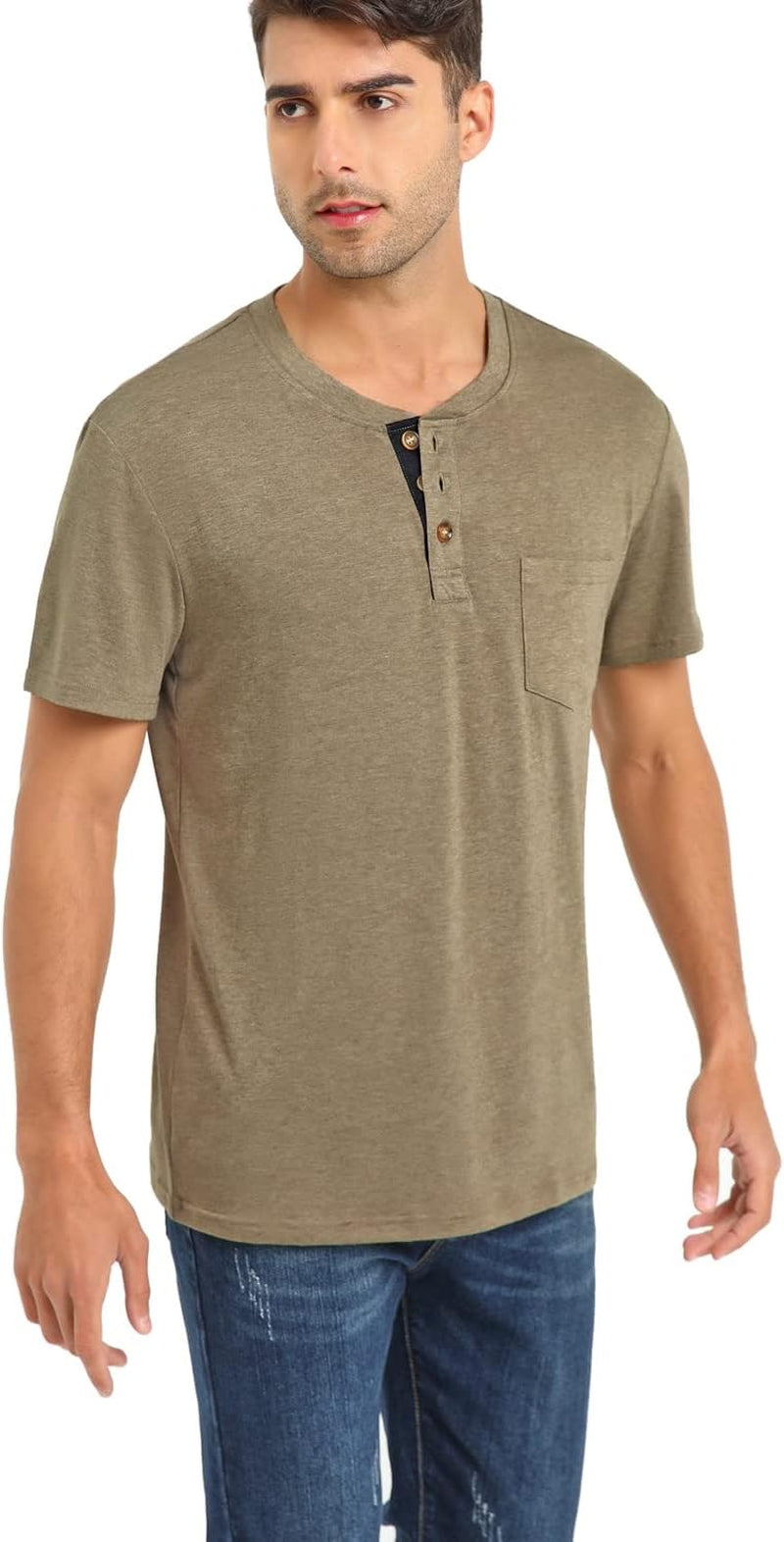 Mens Casual Short Sleeve Henley Shirts Fashion Button T Shirts with Pocket