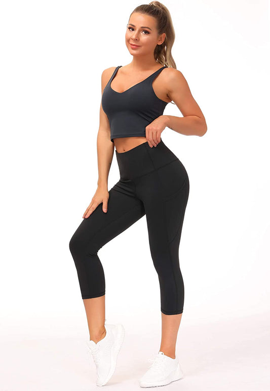 Thick High Waist Capris Yoga Pants with Pockets, Tummy Control Workout Running Yoga Leggings for Women