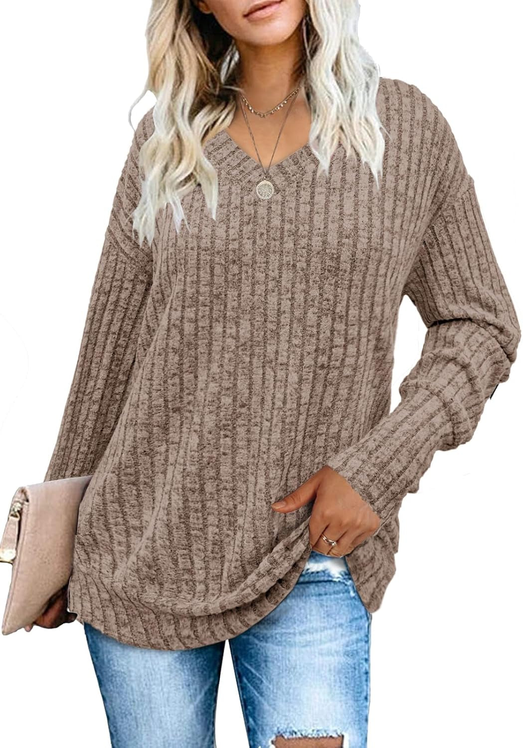 Womens Sweatshirts V Neck Long Sleeve Shirts Loose Casual Fall Fashion Sweaters S-2XL