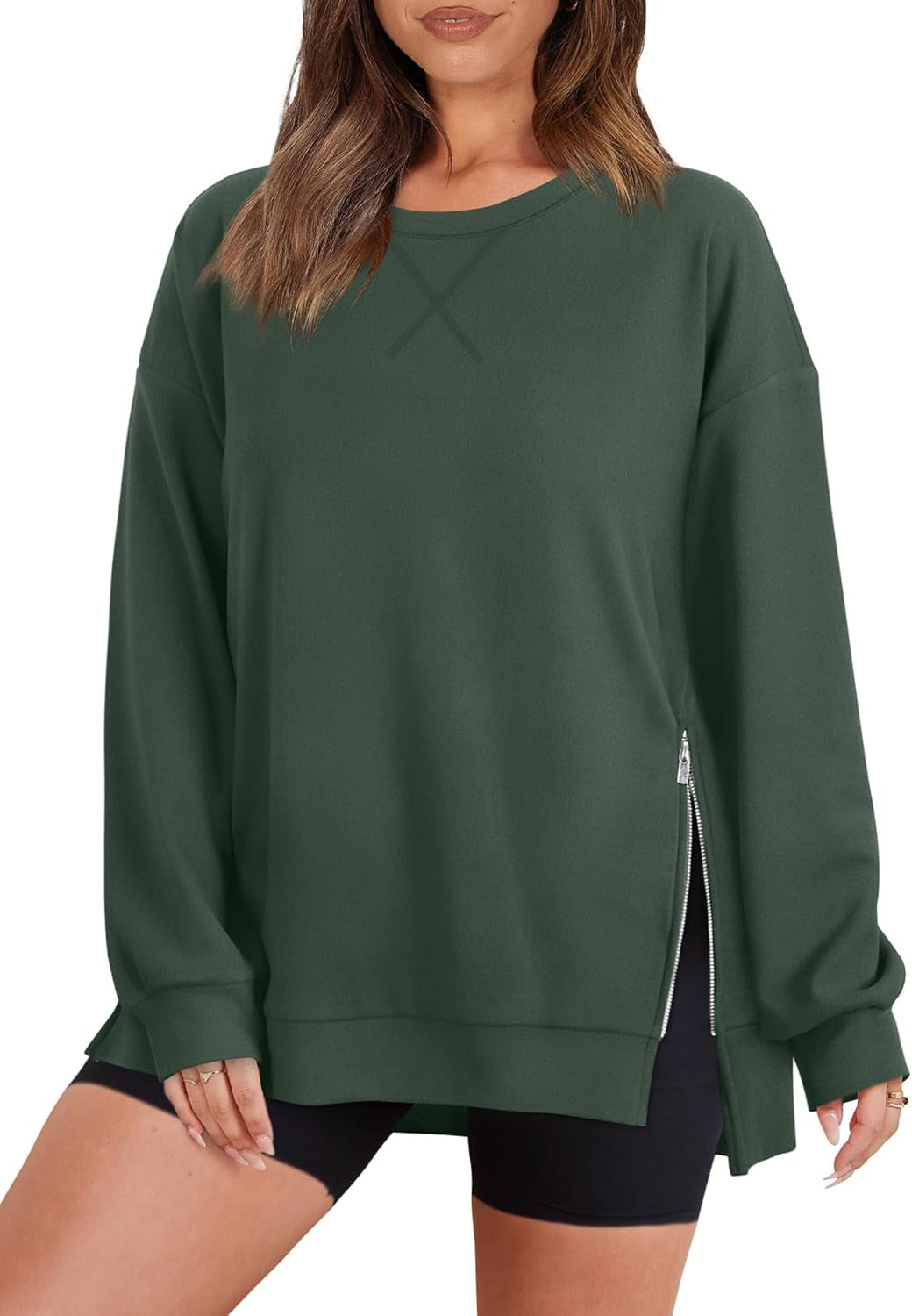 Women'S Oversized Lightweight Sweatshirt with Side Slit Zipper Soft Crew Neck Pullover Long Sleeve Tops 2024 Fashion