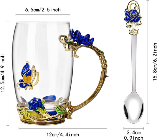 Gifts for Mom Women Mothers Day Glass Coffee Enamels Mug Best Birthday Butterfly Rose Gifts for Her from Daughter Son Lead-Free Valentines Day Christmas Blue Tea Cup with Spoon Set