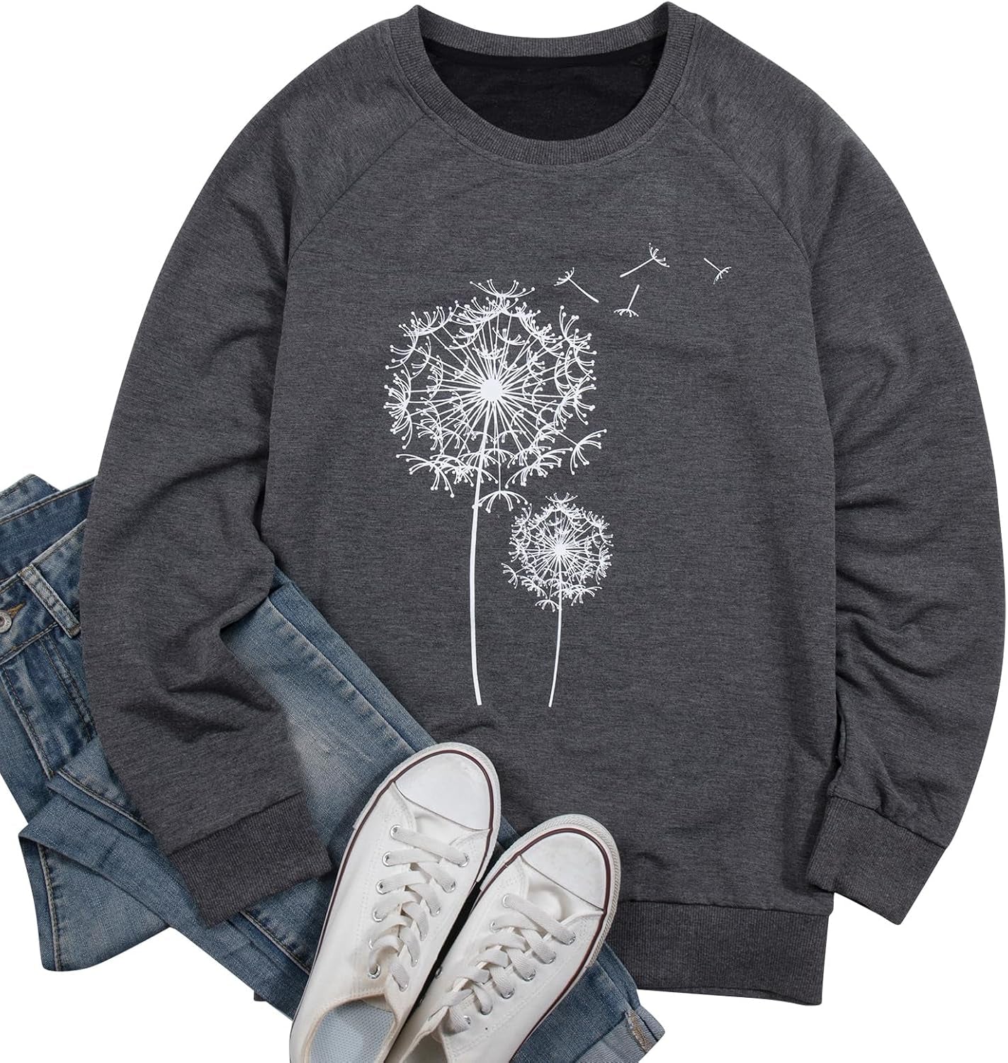 Womens Dandelion Sweatshirt Casual Crewneck Loose Pullover Tops Long Sleeve Graphic Tee Shirt Blue