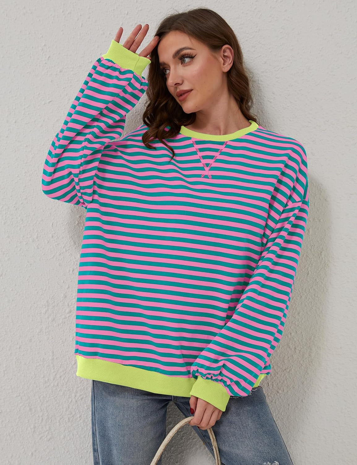 Women Oversized Striped Color Block Long Sleeve Crew Neck Sweatshirt Casual Loose Pullover Y2K Shirt Top