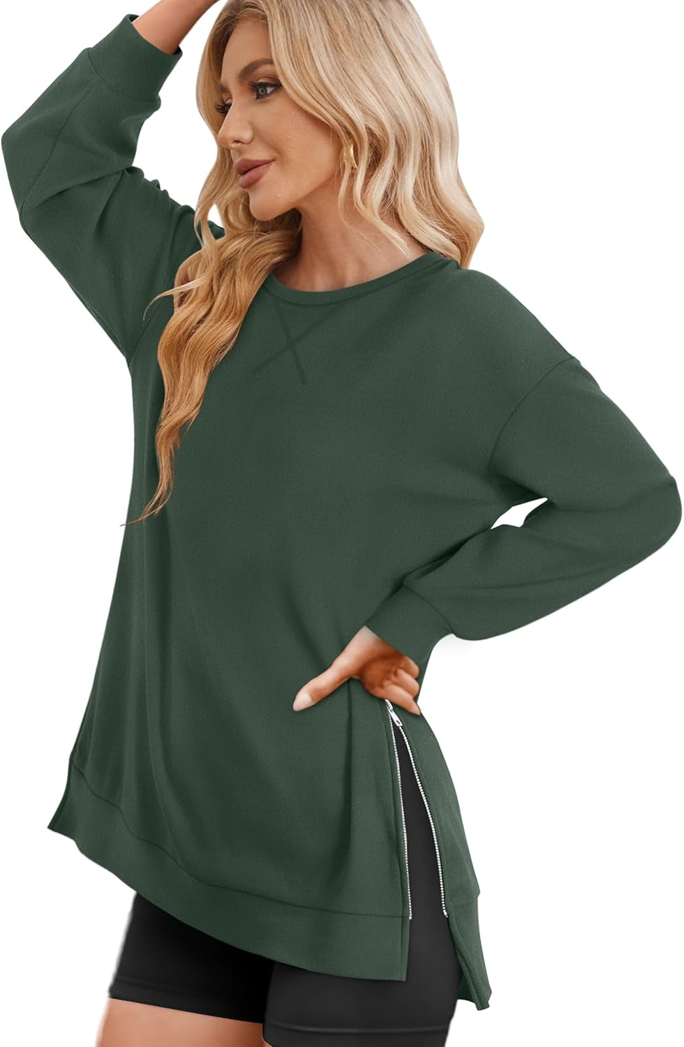 Women'S Oversized Lightweight Sweatshirt with Side Slit Zipper Soft Crew Neck Pullover Long Sleeve Tops 2024 Fashion