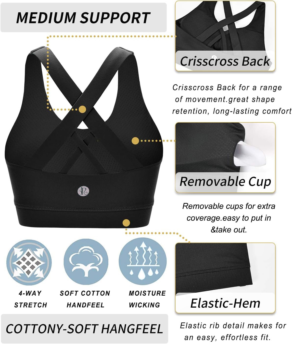 Sports Bra for Women, Criss-Cross Back Padded Strappy Sports Bras Medium Support Yoga Bra with Removable Cups