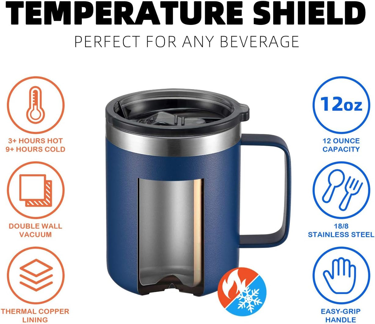 12Oz Stainless Steel Insulated Coffee Mug with Handle, Double Wall Vacuum Travel Mug, Tumbler Cup with Sliding Lid, Navy