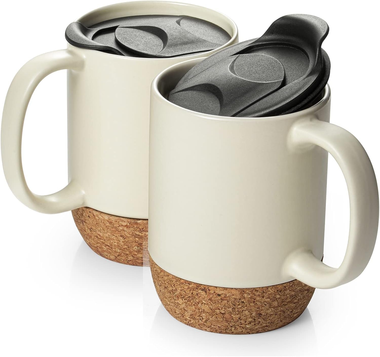 Coffee Mugs Set of 2, 15 OZ Ceramic Mug with Cork Bottom and Splash Proof Lid, Large Coffee Mug with Handle for Coffee Tea Latte, Gifts for Parents, Beige