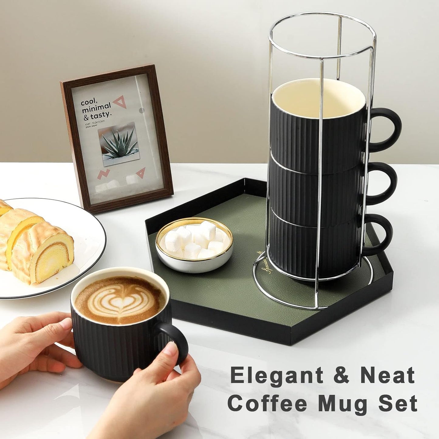 Coffee Mug Ceramic Set of 4 with Stand - 15 Oz Stackable Large Porcelain Ribbed Latte Cup Set for Cappuccino, Tea, Hot Cocoa, Drinks - Dishwasher & Microwave Safe, Black