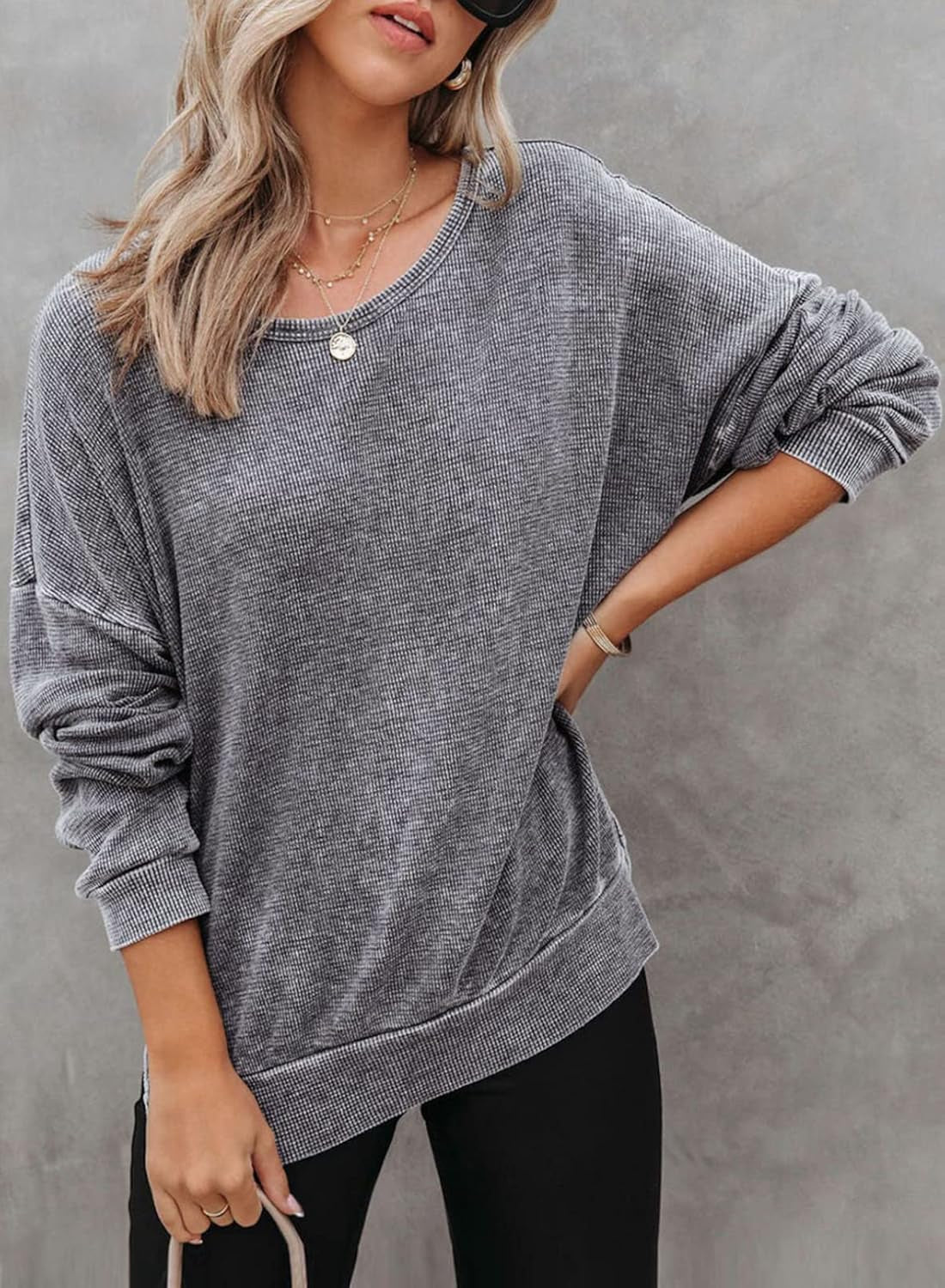 Womens Oversized Waffle Knit Crewneck Sweatshirts Long Sleeve Side Slits Casual Pullover Sweatshirt Tops