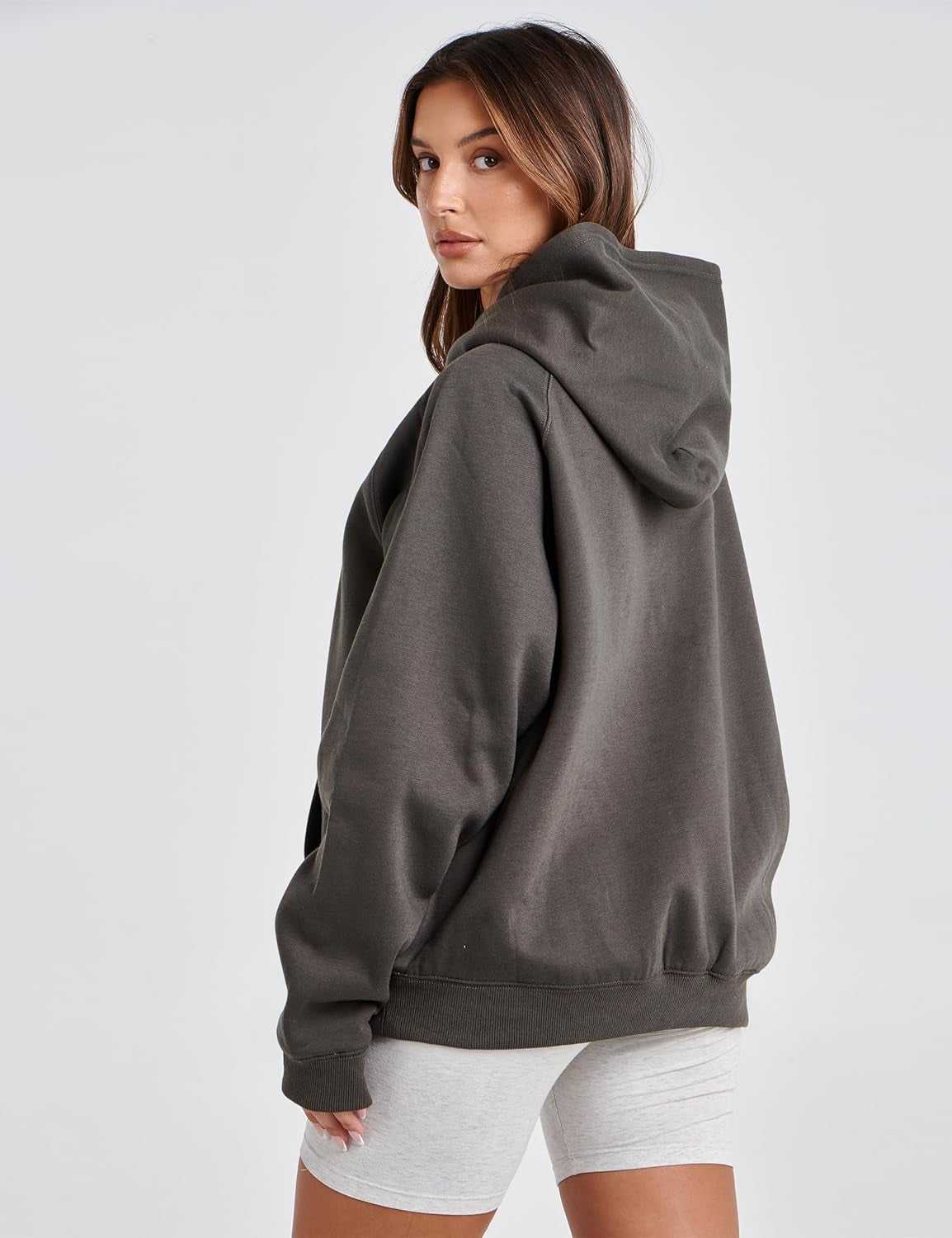 Women Solid Basic Fleece Letter Loose Hoodie Sweatshirt Long Sleeve Kangaroo Pocket Drop Shoulder Pullovers Top