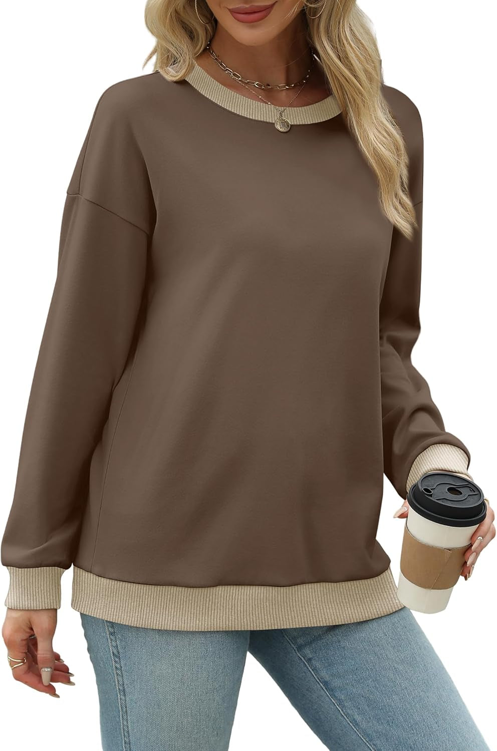 Sweatshirts for Women Crewneck Long Sleeve Loose Fit Tops Color Block Ribbed Trim Fashion 2024