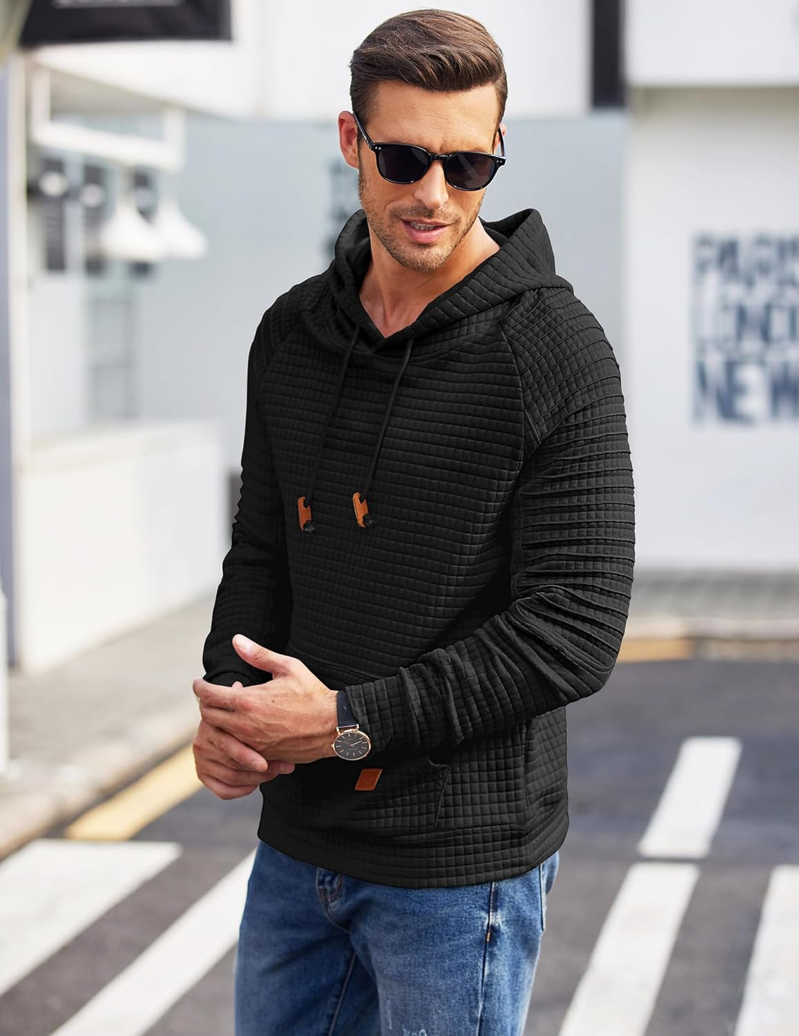 Mens Hoodies Pullover Casaul Long Sleeve Drawstring Waffle Knit Hooded Sweatshirt with Kanga Pocket