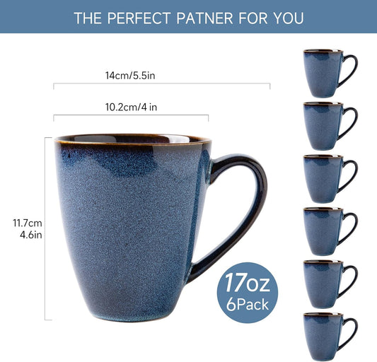 17 OZ Coffee Mugs Set of 6, Large Ceramic Coffee Mugs，Modern Coffee Mugs Set with Handle for Tea/Latte/Cappuccino/Milk/Cocoa, Funny Tea Cups for Office and Home, Engagement Gifts. (Starry Blue)